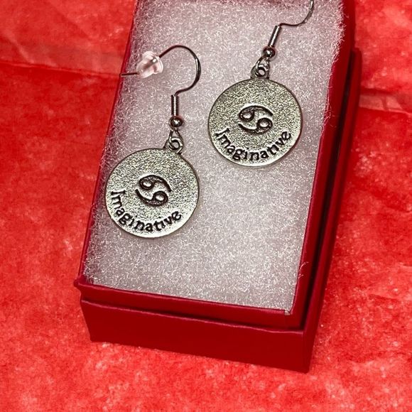 CANCER IRON & SILVER DOUBLE SIDED ZODIAC DROP EARRINGS - Picture 4 of 5
